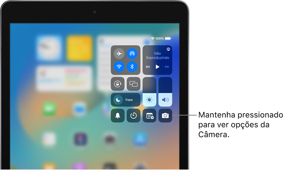 Controles do modo avião, dados celulares, Wi‑Fi e Bluetooth no grupo superior esquerdo da Central de Controle em modelos Wi-Fi + Cellular de iPad. O controle da Câmera encontra-se na parte inferior direita.