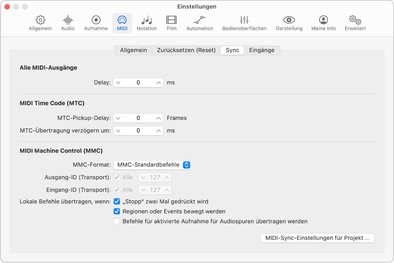 Abbildung. Einstellungsbereich „MIDI“ > „Sync“