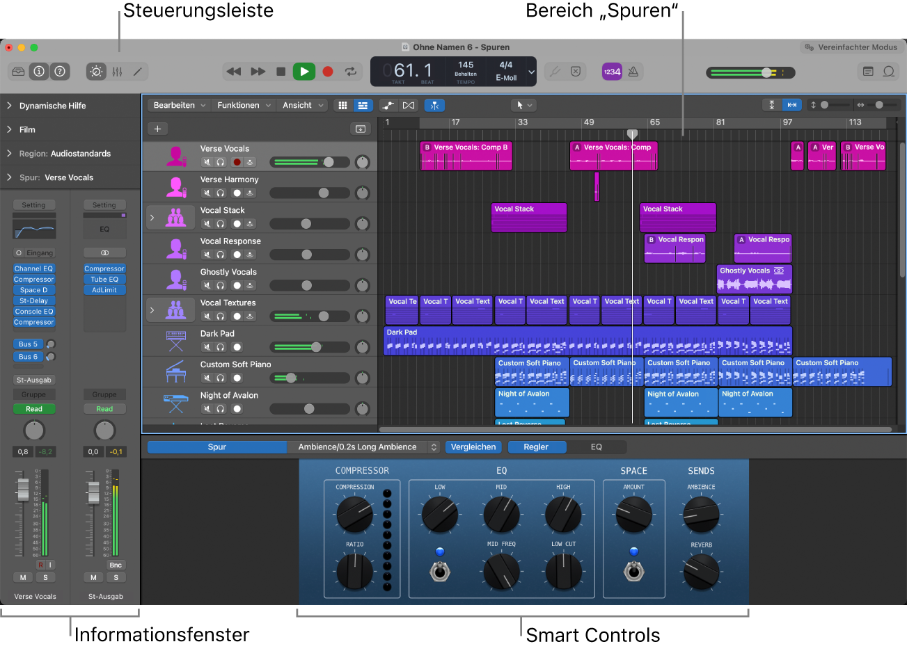 Abbildung. Hauptfenster von Logic Pro mit den wichtigsten Arbeitsbereichen