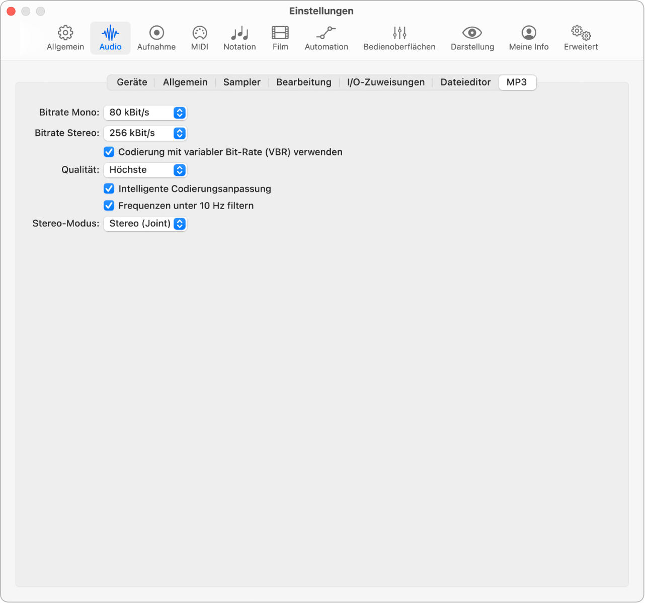 Abbildung. Einstellungsbereich „Audio“ > „MP3“.