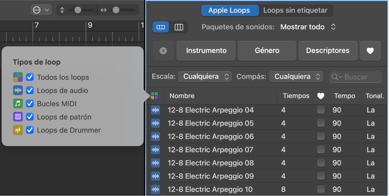 Menú “Tipos de loop” situado sobre la lista de resultados de la búsqueda.