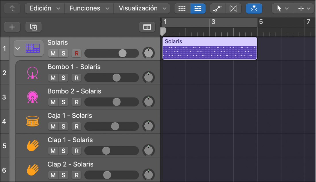 Track Stack de Drum Machine Designer con pasaje de patrón y subpistas vacías.