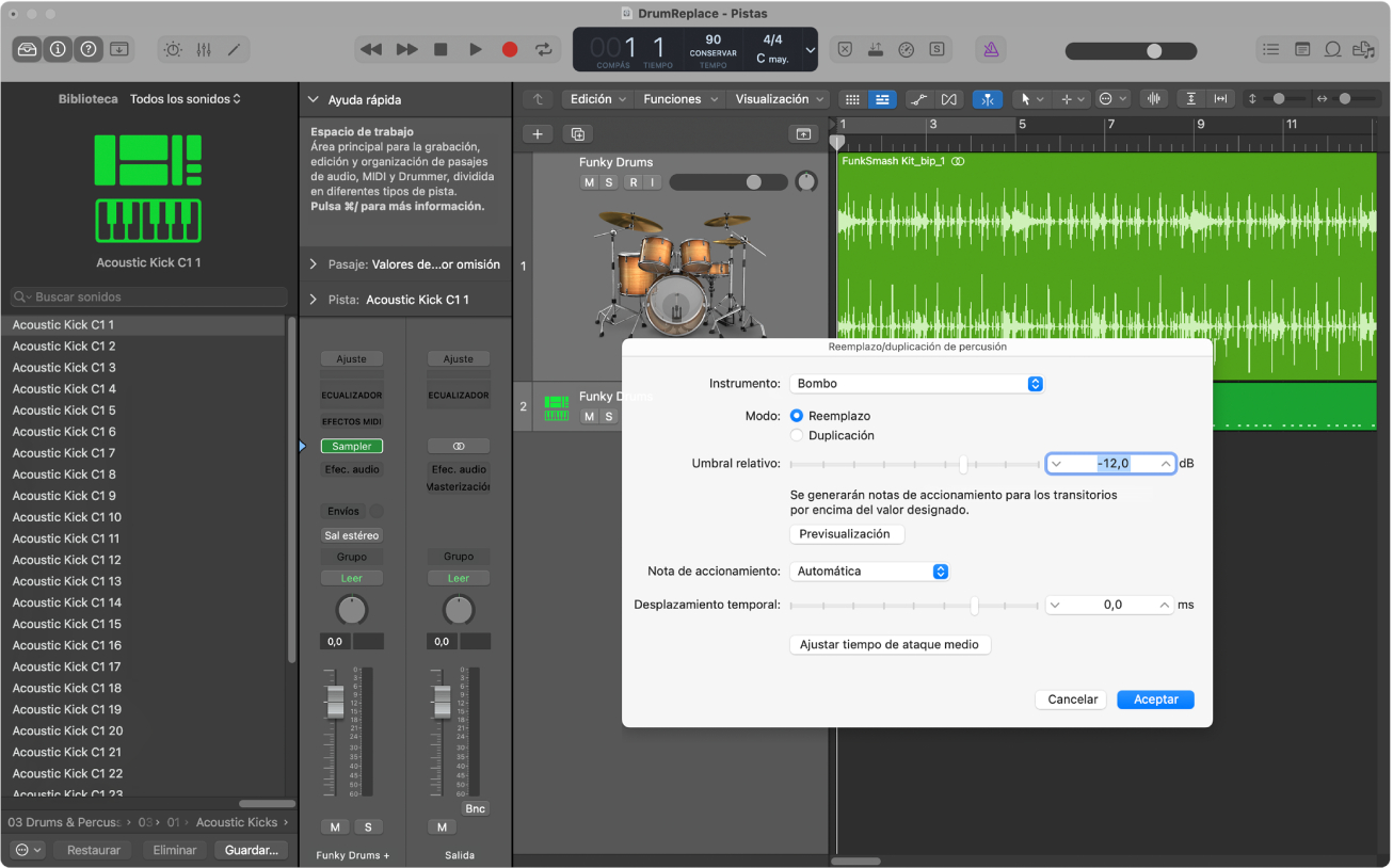Ilustración. Área Pistas con una pista de audio ampliada, la biblioteca abierta con sonidos de percusión y el cuadro de diálogo “Reemplazo/duplicación de percusión” abierto.