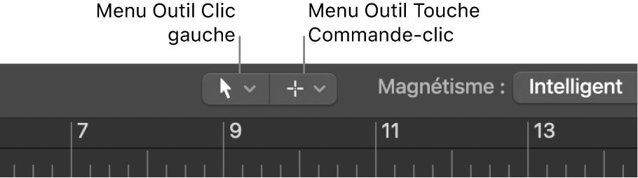 Figure. Menus « Outil Clic gauche » et « Outil Touche Commande-clic » dans la zone Arrangement.
