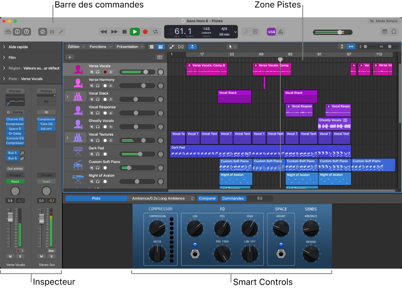 Figure. Fenêtre principale de Logic Pro avec les zones principales de travail.