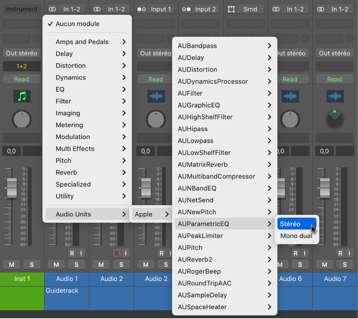 Sous-menu Audio Units du menu Modules.