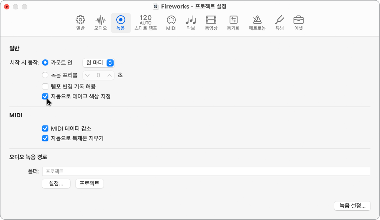 그림. 녹음 프로젝트 설정 패널에서 테이크 색상 자동 지정이 선택됨.
