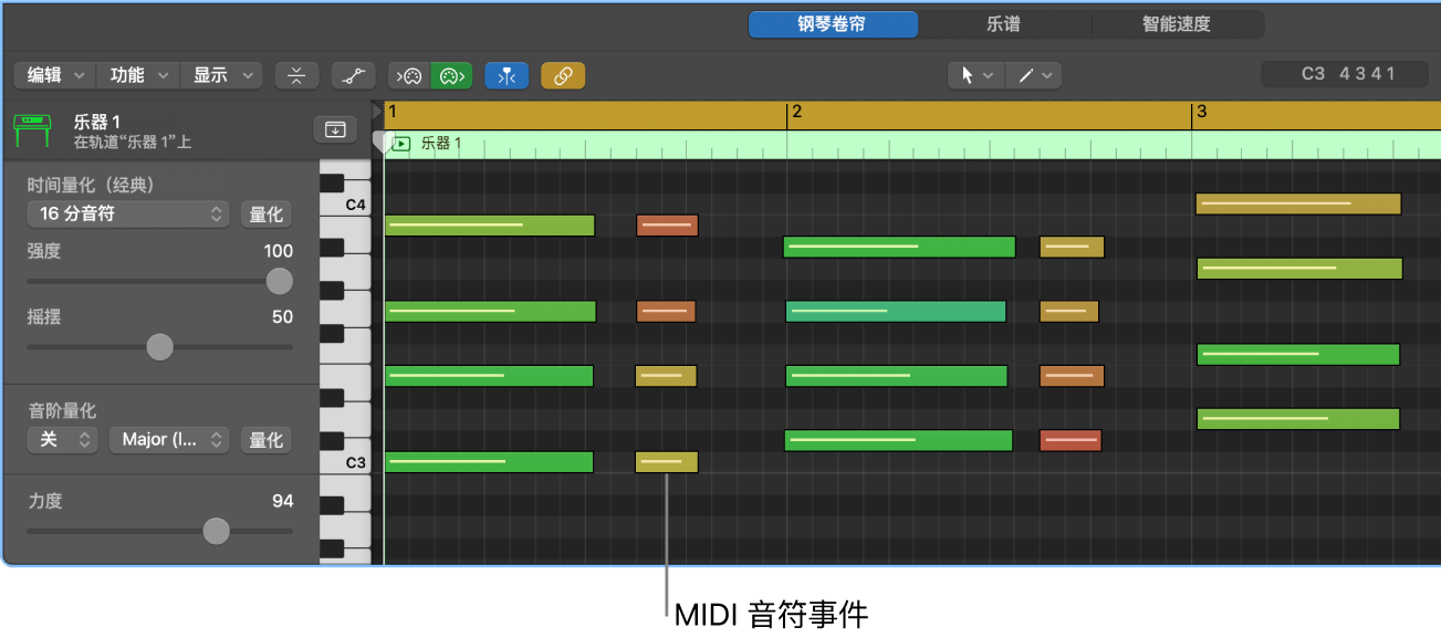 图。钢琴卷帘编辑器,指出 MIDI 音符事件。
