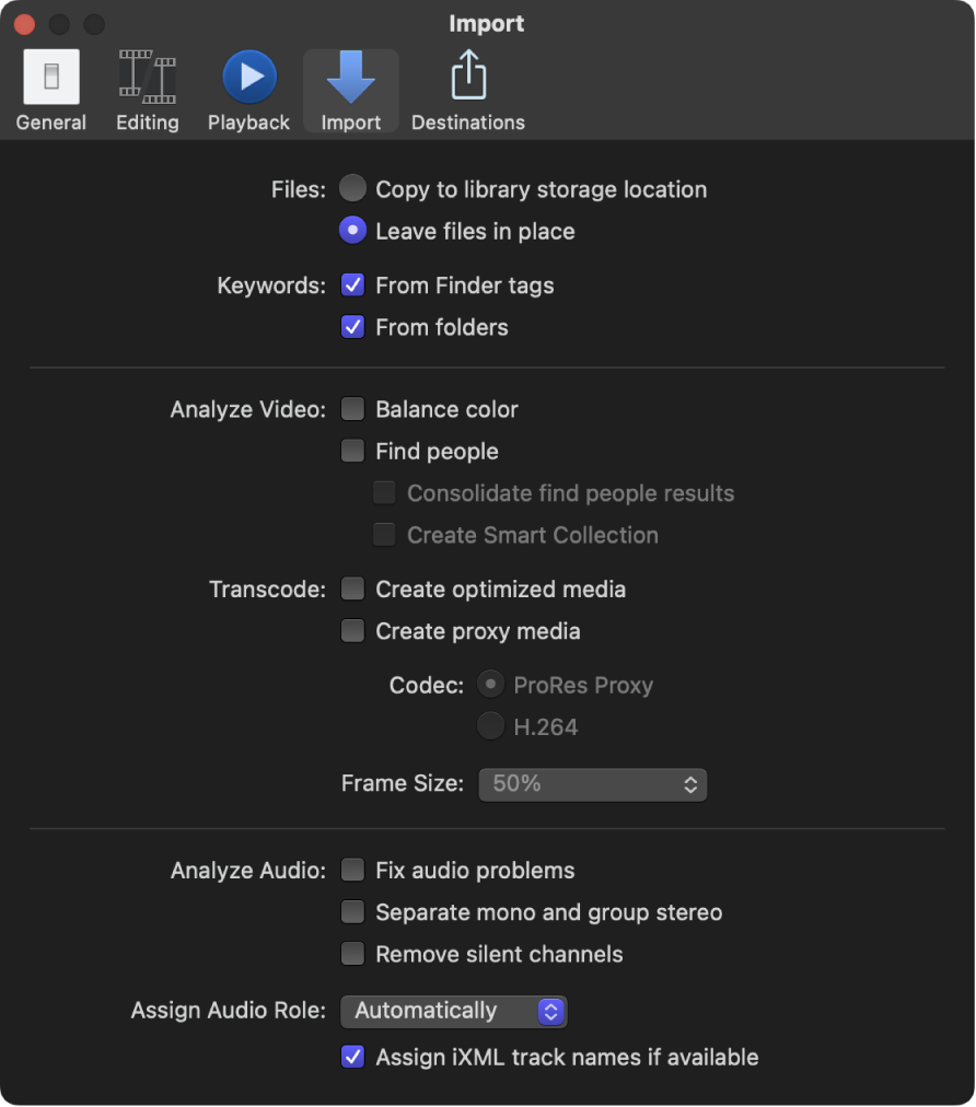 Final Cut Pro 설정 윈도우의 가져오기 패널