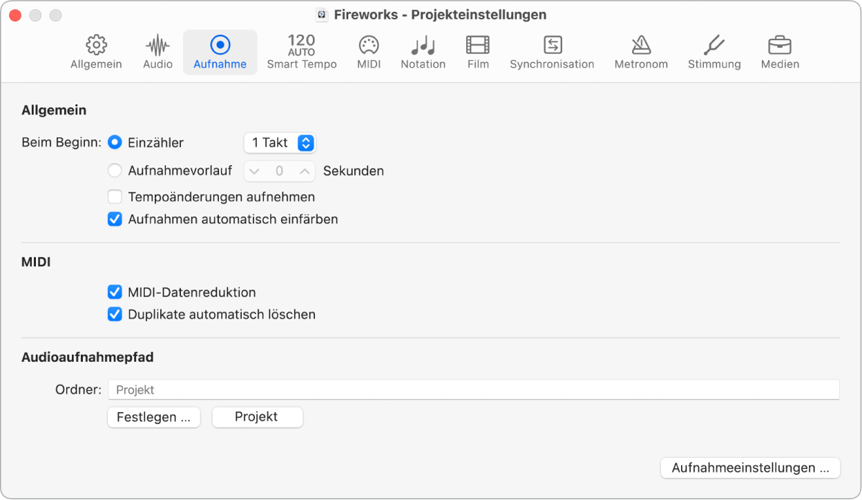 Abbildung. Projekteinstellungsbereich „Aufnahme“