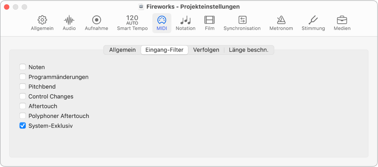 Abbildung. Projekteinstellungsbereich „MIDI“ > „Eingang-Filter“.