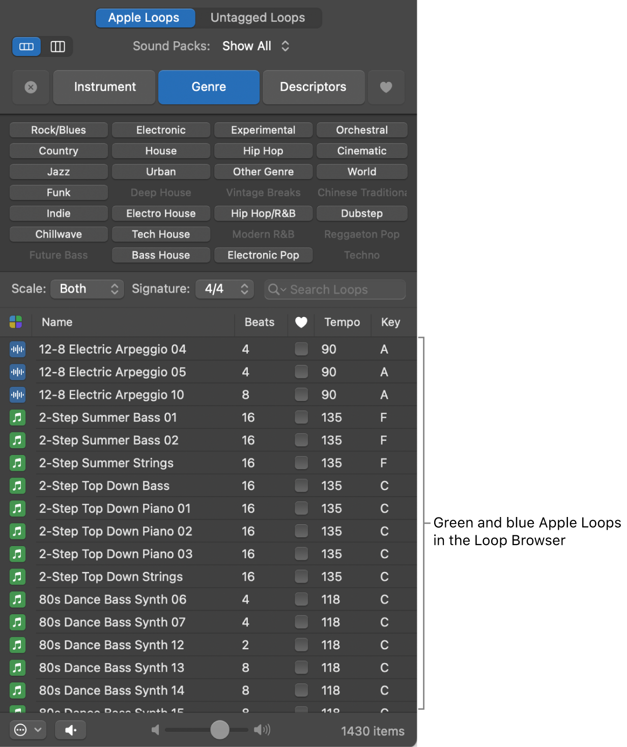 Loop Browser showing MIDI (green) and audio (blue) Apple Loops.