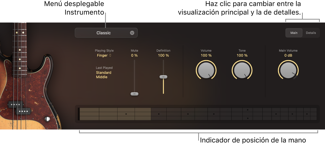 Ilustración. “Studio Bass” con la visualización Principal e indicaciones para el menú desplegable Instrument, el indicador de posición de la mano y el conmutador Main/Details.