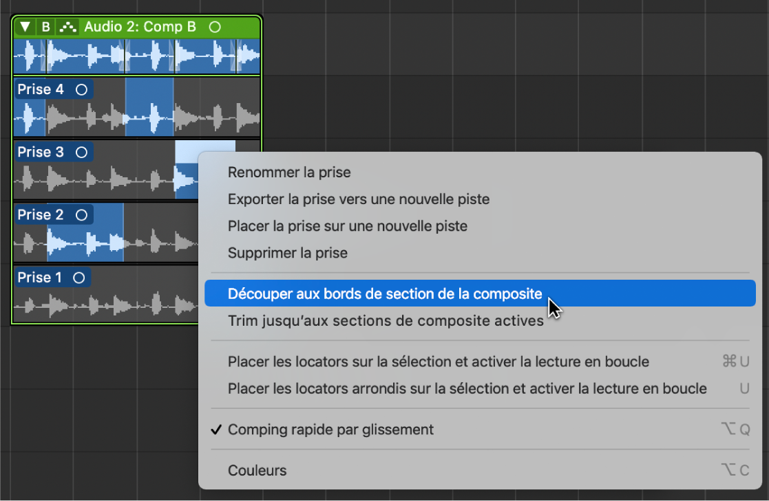 Figure. Sélection de « Découper aux bords de section de la composite » dans le menu contextuel.