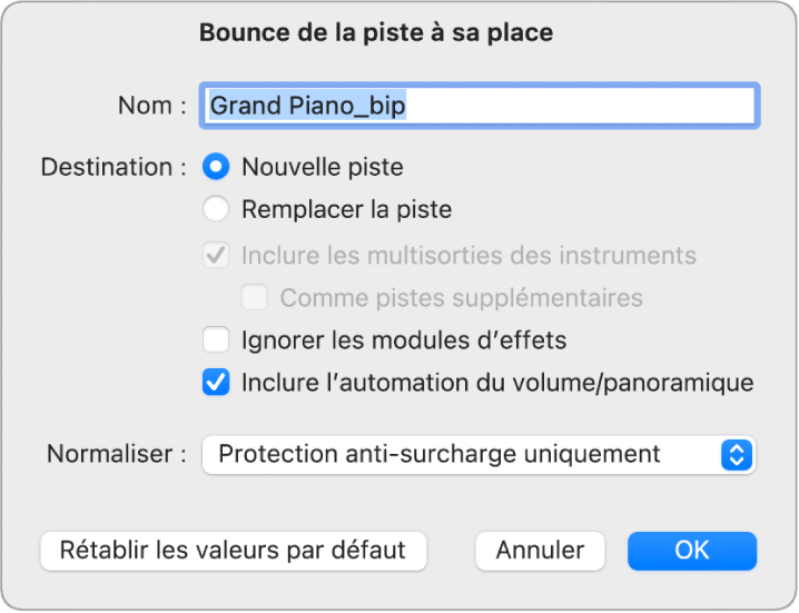 Figure. Zone de dialogue « Bounce de la piste à sa place ».