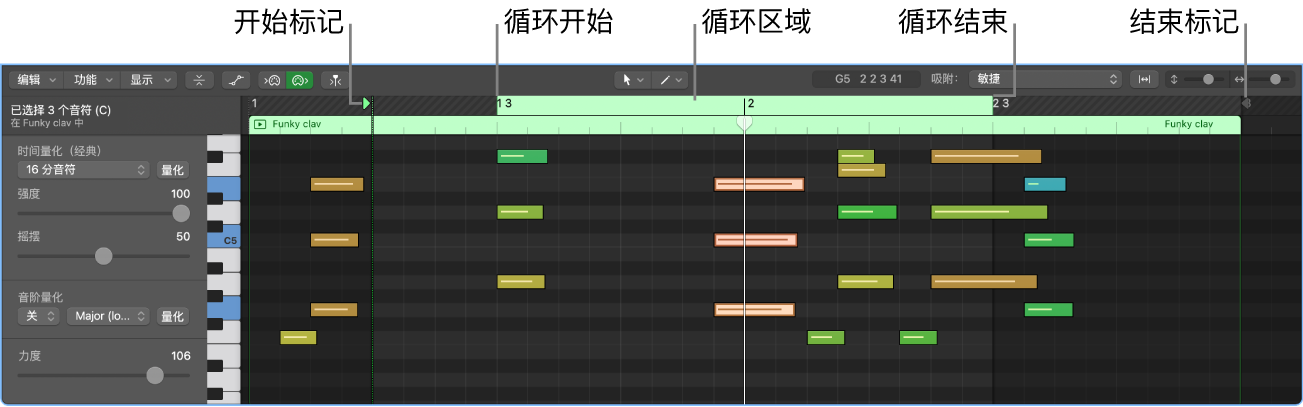 图。一个 MIDI 单元格在单元格编辑器中打开。