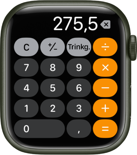 Die Apple Watch mit der App „Rechner“. Auf dem Display ist ein typischer Ziffernblock zu sehen. Rechts befinden sich mathematische Funktionen. Oben sind die Taste „C“, das Plus- und das Minuszeichen sowie eine Taste für die Berechnung von Trinkgeld zu sehen.