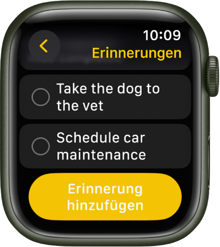 Die App „Erinnerungen“ mit zwei Erinnerungen. Die Erinnerungen befinden sich im oberen Teil des Displays und die Taste „Erinnerung hinzufügen“ ist darunter.