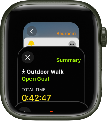 The App Switcher showing the Workout app. Turn the Digital Crown to see more apps. Tap one to open it.