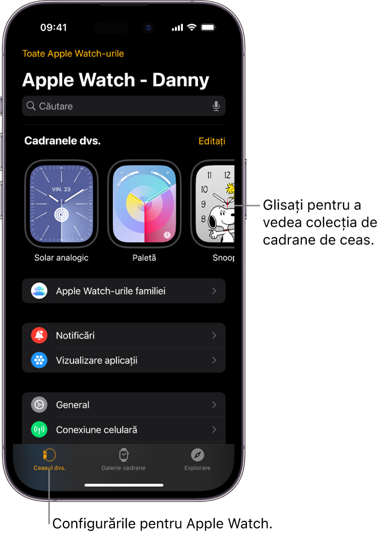 Aplicația Apple Watch de pe iPhone se deschide în ecranul Ceasul dvs., care prezintă cadranele dvs. de ceas sus și configurările dedesubt. Există trei file în partea de jos a ecranului aplicației Apple Watch: fila din stânga este Ceasul dvs., de unde accesați configurările Apple Watch; lângă aceasta este Galerie cadrane, de unde puteți explora cadranele și complicațiile disponibile; urmează Explorare, unde puteți afla mai multe despre Apple Watch.
