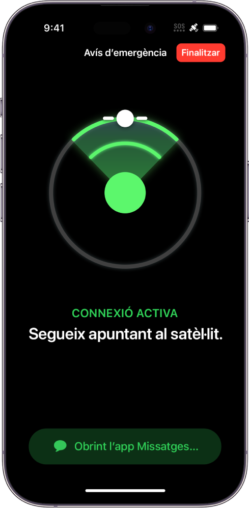 La pantalla d’avís d’emergència SOS, que mostra que el telèfon està connectat i ensenya l’usuari com seguir apuntant al satèl·lit. A la part inferior de la pantalla hi ha el botó “Obrint l’app Missatges”.