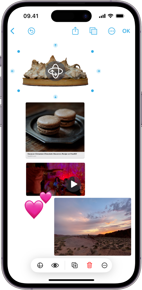En Freeform-tavle med flere indsatte arkiver: Et 3D-billedarkiv, et link, en video, stickere og et foto. 3D-billedarkivet er valgt, og dets rotationsknap og formateringsværktøjer er synlige.
