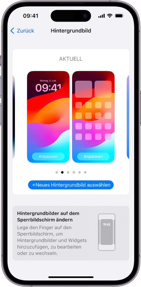 Der Einstellungsbildschirm für das Hintergrundbild mit Tasten zum Anpassen des aktuellen Hintergrundbildes auf dem Home-Bildschirm und Sperrbildschirm und der Taste „Neues Hintergrundbild auswählen“ zum Ändern des Hintergrundbildes.