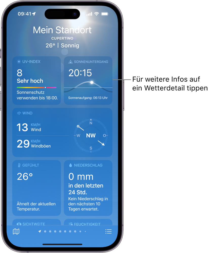 Der Bildschirm „Wetter“ mit dem Standort oben sowie der aktuellen Temperatur und Wetterlage. Im übrigen Bereich der Anzeige befinden sich Wetterdetails zu folgenden Elementen: Luftqualität, Niederschlag, UV-Index und Sonnenuntergang.