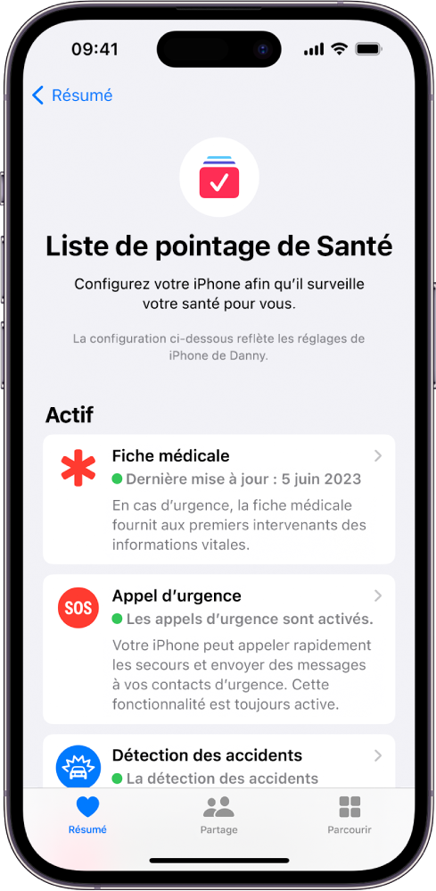 L’écran « Liste de pointage de Santé » indiquant que la fiche médicale, « Appel d’urgence » et les notifications de détection des accidents sont activés.