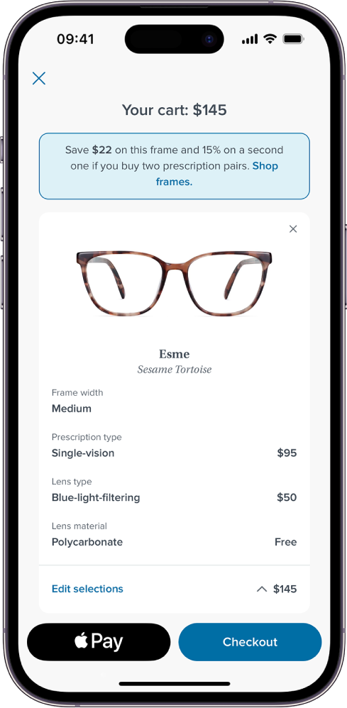 Le panier d’une app affichant le prix des articles sélectionnés. Le bouton Apple Pay se trouve en bas à gauche.