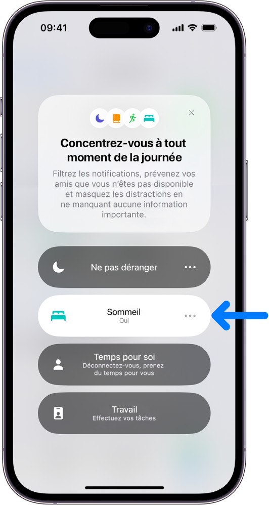 L’écran Concentration avec l’option « Mode de concentration Repos » activée, et les options Ne pas déranger, Mode de concentration Temps pour soi et Mode de concentration Travail désactivées.