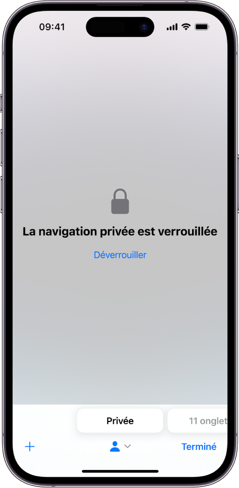 Safari est ouvert en mode navigation privée. Le message « La navigation privée est verrouillée » apparaît au centre de l’écran. Sous ce message se trouve un bouton Déverrouiller.