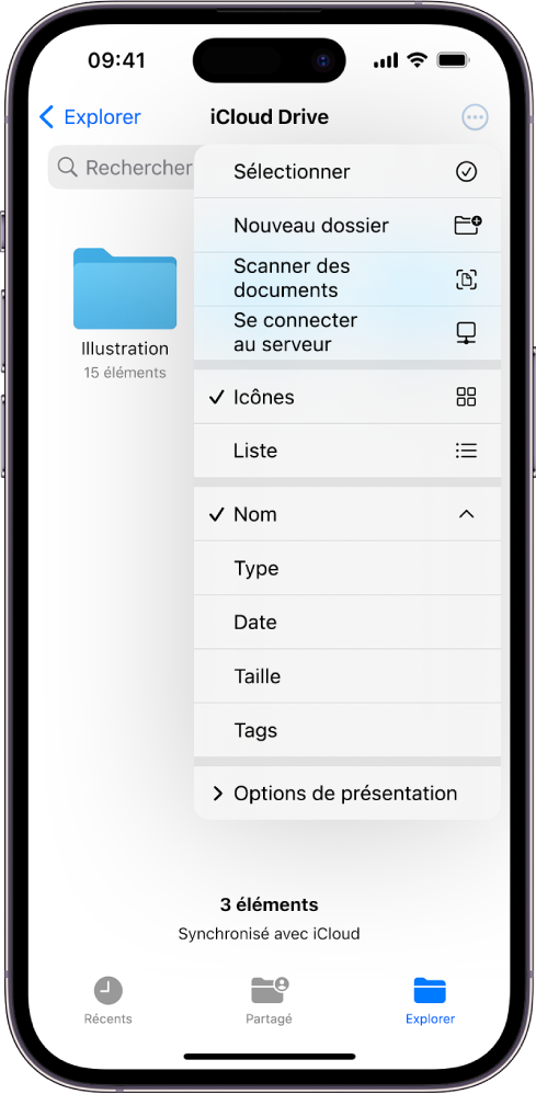 L’app Fichiers avec le bouton Plus sélectionné. Le menu qui s’affiche contient les options suivantes : Sélectionner, « Nouveau dossier », « Scanner des documents » et « Se connecter au serveur ». Sous ce menu figurent les options pour afficher les éléments à l’écran sous forme d’icônes ou de liste. En bas du menu se trouvent les options de tri par Nom, Type, Date, Taille et Tags, suivies de « Options de présentation ».