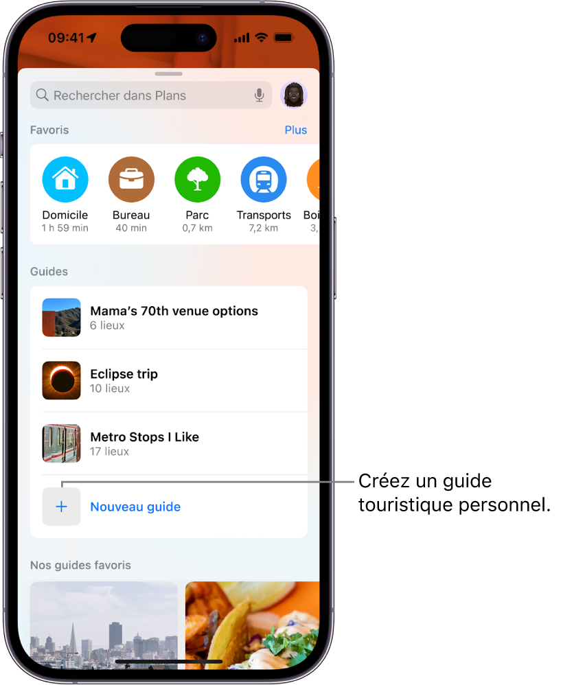 Fiche de recherche dans Plans affichant plusieurs guides personnalisés répertoriés sous « Mes guides » ainsi que le bouton « Nouveau guide » en bas de l’écran.