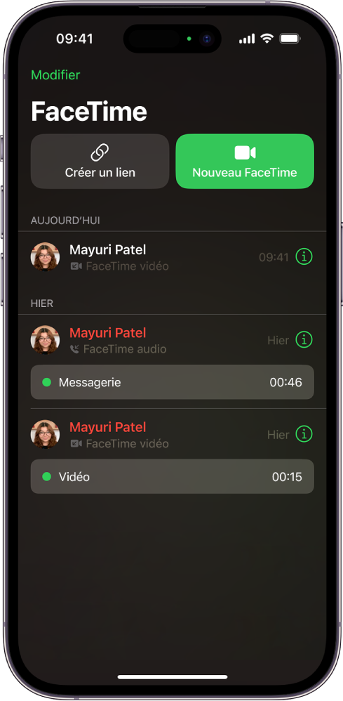 L’écran de démarrage d’un appel FaceTime, avec le bouton « Créer un lien » et le bouton « Nouveau FaceTime » pour lancer un appel FaceTime.