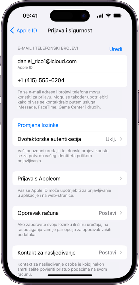 Zaslon Prijava i sigurnost u Postavkama.