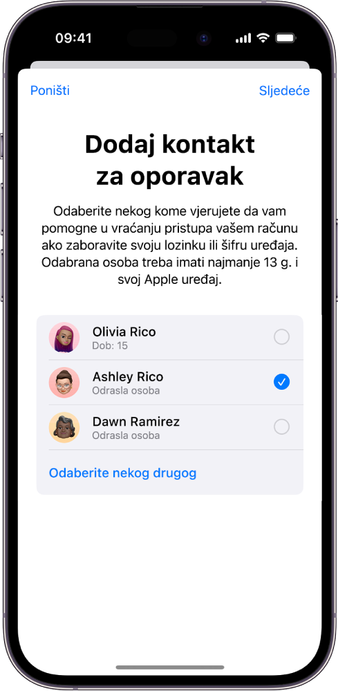 Zaslon Dodaj kontakt za oporavak