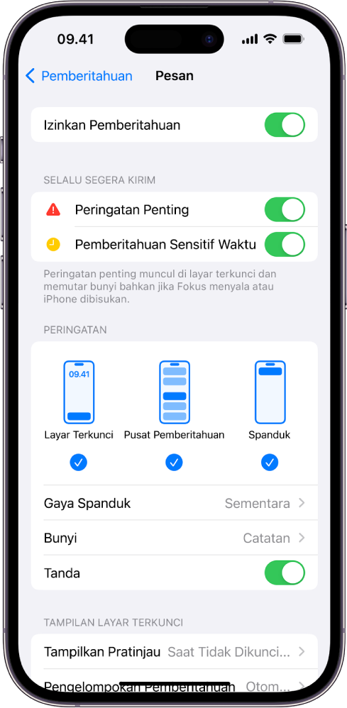 iPhone dengan pengaturan Pesan untuk pemberitahuan dan peringatan.