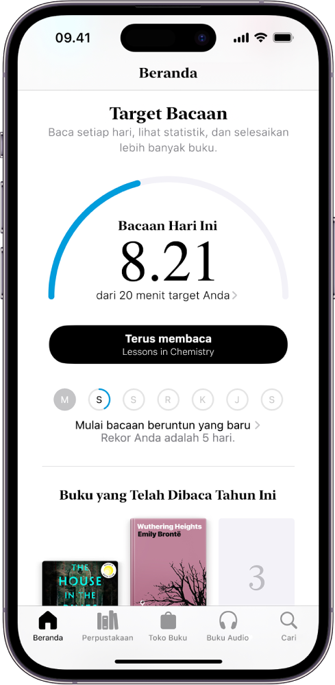 Layar Target Bacaan menampilkan statistik untuk pengguna—seperti bacaan hari ini, rekor membaca mereka untuk seminggu, dan buku yang telah dibaca tahun ini. Di sepanjang bagian bawah terdapat tab Beranda (yang dipilih), Perpustakaan, Toko Buku, Buku Audio, dan Cari.