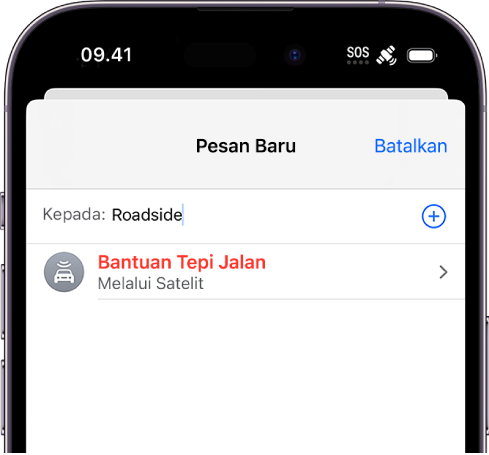 Pesan baru dialamatkan ke “tepi jalan”. Di bawahnya ada tautan untuk Bantuan Tepi Jalan melalui satelit.