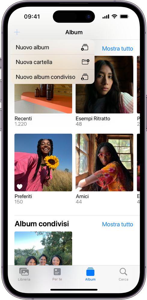 La schermata Album. È selezionato il pulsante “Nuovo album” nell’angolo in alto a sinistra, mostrando le opzioni per aggiungere un nuovo album, una nuova cartella o un nuovo album condiviso.