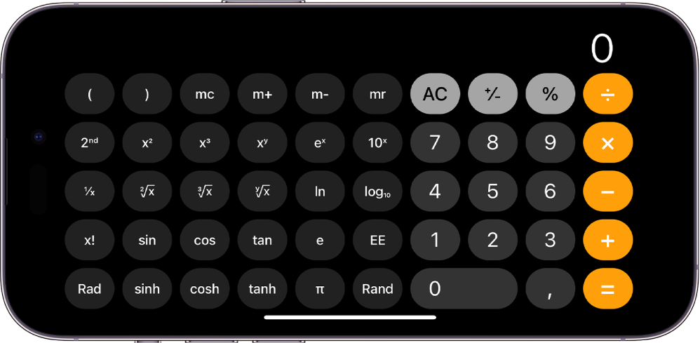 iPhone in orientamento orizzontale che mostra la calcolatrice scientifica con funzioni esponenziali, logaritmiche e trigonometriche.