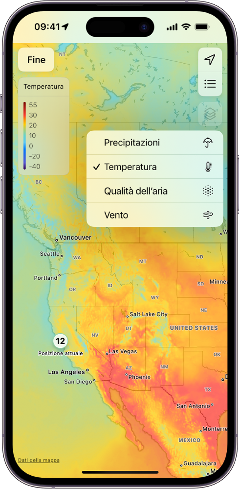 Una mappa della temperatura dell’area circostante si apre a tutto schermo. Nell’angolo in alto a destra, dall’alto in basso, si trovano i pulsanti “Posizione attuale”, “Località preferite” e “Menu Sovrapposizione”. Il pulsante “Menu Sovrapposizione” è selezionato e mostra i pulsanti Precipitazioni, Temperatura, “Qualità dell’aria” e Vento. È selezionato il pulsante Temperatura. Nell’angolo in alto a sinistra è presente il pulsante Fine e la scala della sovrapposizione mappa della temperatura.