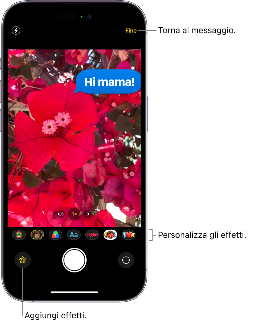 Modifica di una foto all’interno di Messaggi. Le opzioni per l’applicazione di diversi effetti vengono visualizzate sotto la foto.