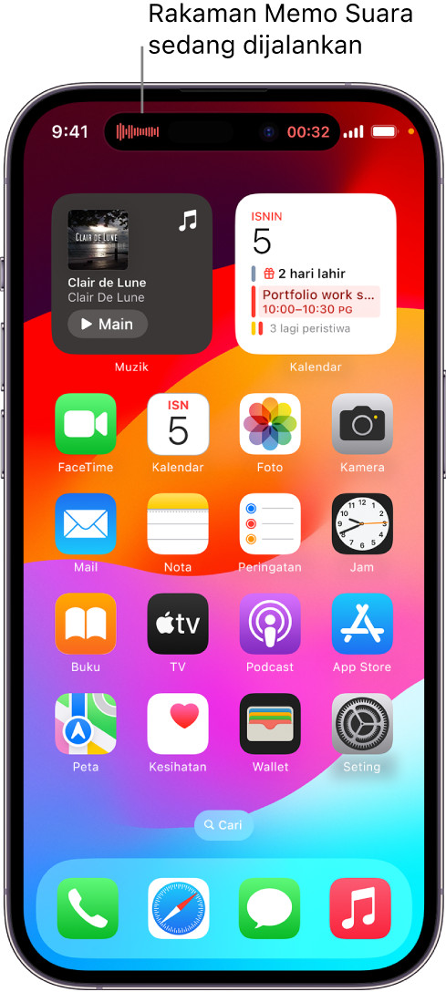 Skrin Utama iPhone 14 Pro, menunjukkan rakaman Memo Suara dalam Dynamic Island.