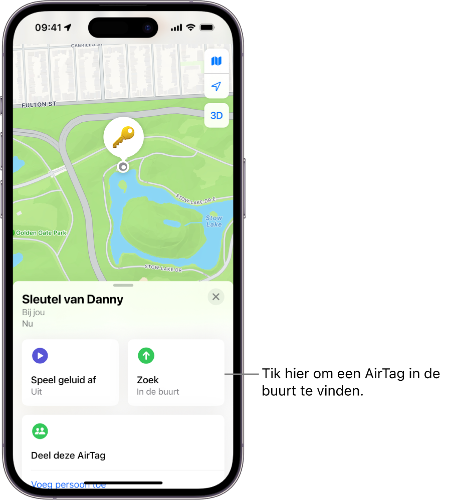 De Zoek mijn-app, waarin de sleutels van Dennis in Golden Gate Park te zien zijn. Tik op de knop 'Zoek' om een AirTag in de buurt terug te vinden.