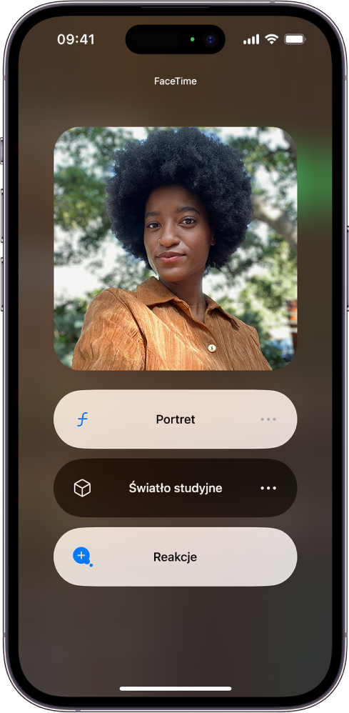 Ustawienia efektów wideo w centrum sterowania podczas połączenia FaceTime. Włączony jest tryb Portret. Obraz uczestnika połączenia jest wyświetlany w powiększonym kafelku z efektem Portret: zamazanym tłem oraz wyróżnioną osobą.