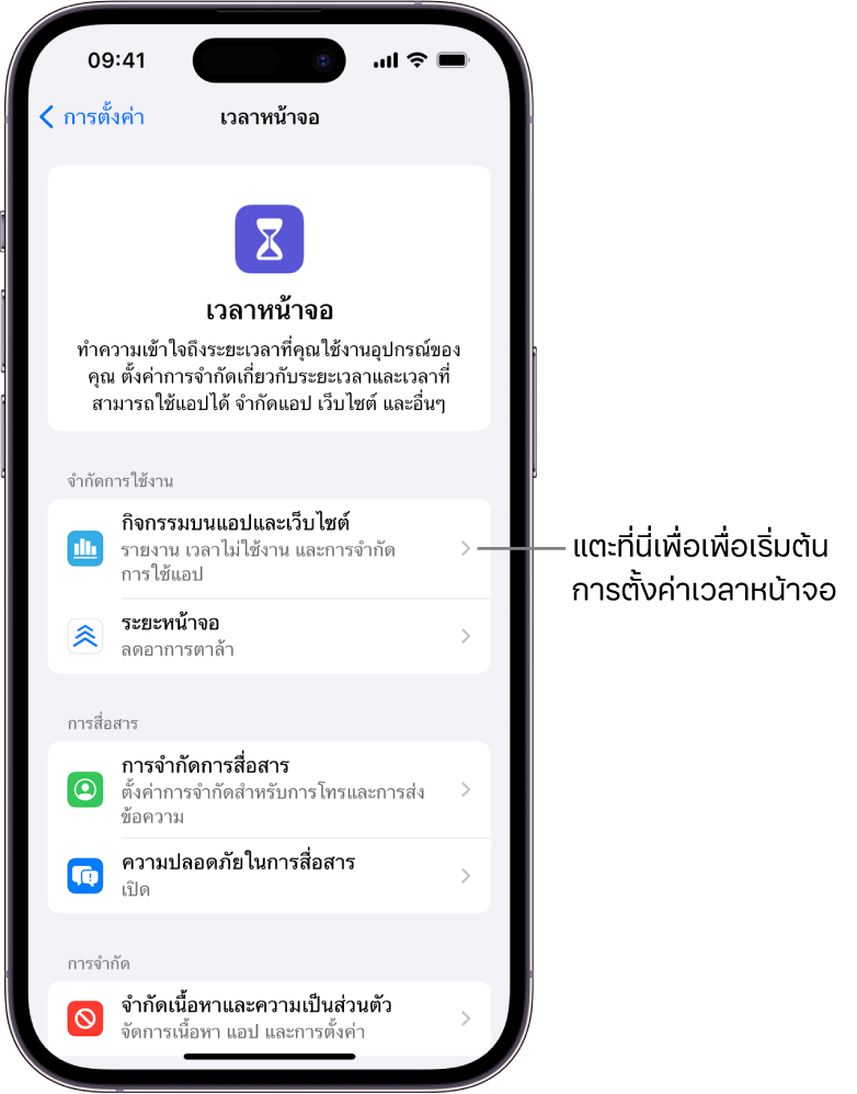 หน้าจอสำหรับตั้งค่าเวลาหน้าจอที่แสดงปุ่มกิจกรรมบนแอปและเว็บไซต์