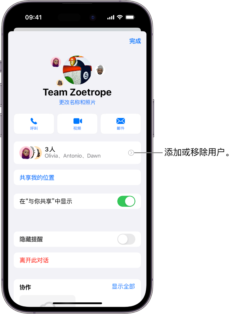 群组的对话详细信息。