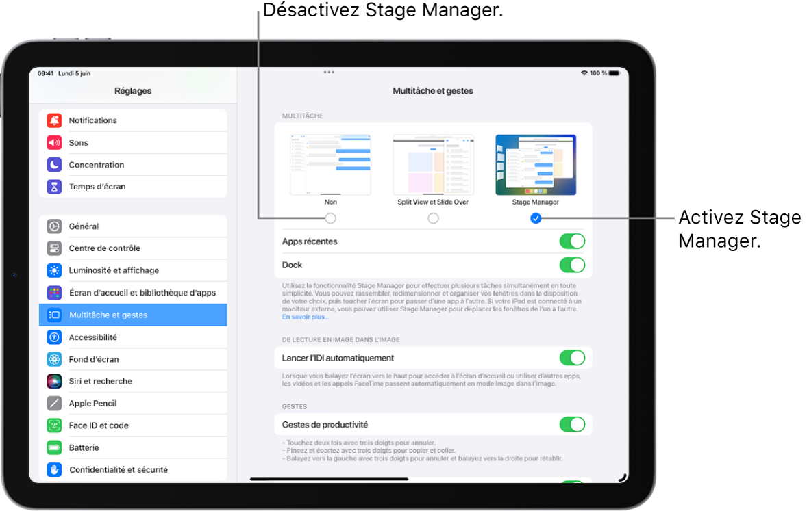 Écran d’iPad montrant les commandes permettant d’activer ou de désactiver Stage Manager, de masquer ou d’afficher la liste des apps récentes lorsque Stage Manager est activé, et de masquer ou d’afficher le Dock lorsque Stage Manager est activé.